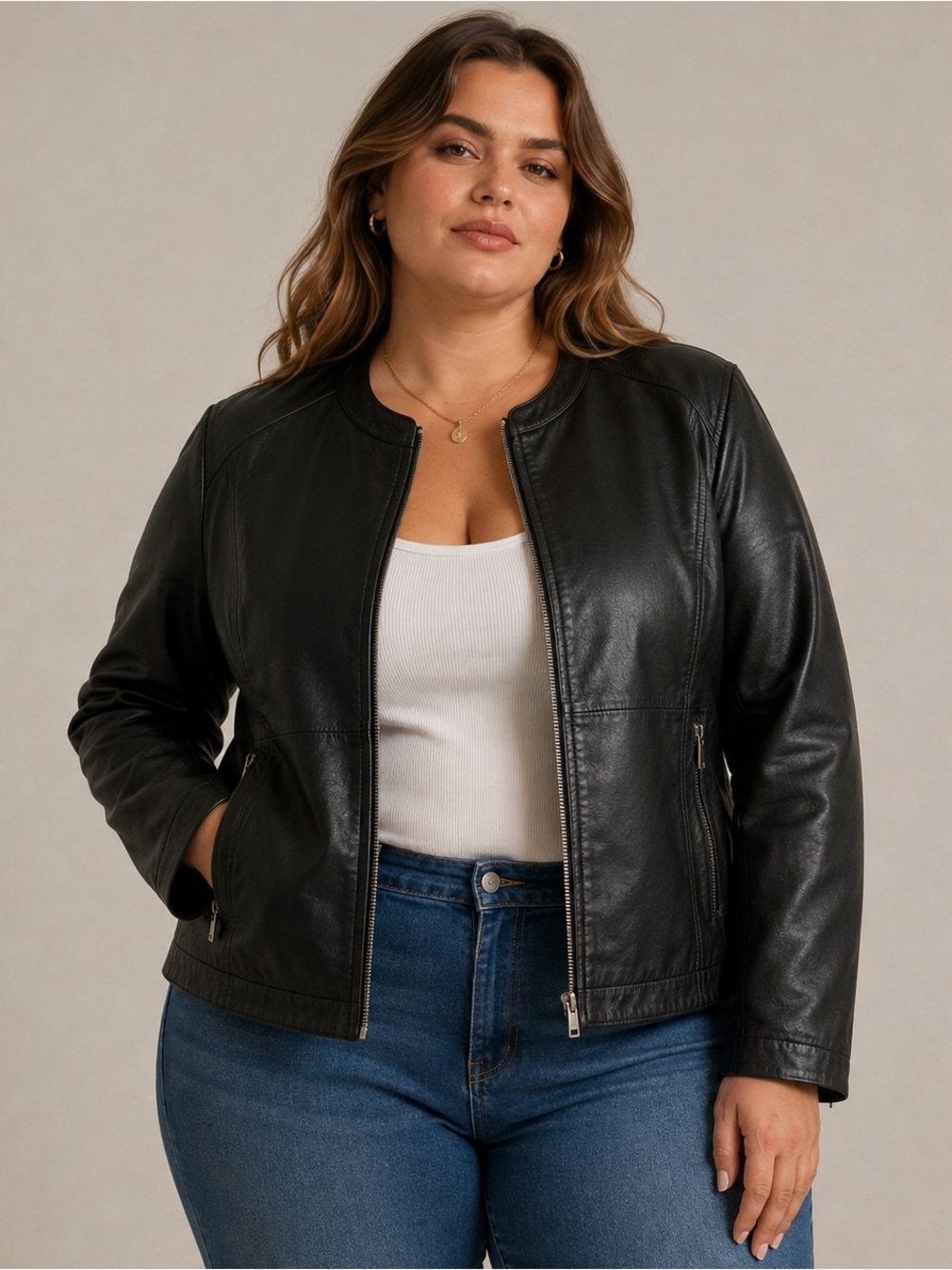 Jessica London Black Genuine Leather Jacket Plus Size 20W Zip Front Moto